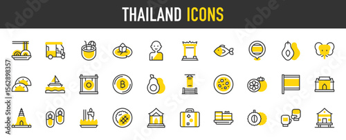 Thailand vector icons. such as Doi Suthep, Temple, Tuk Tuk, Buddhist, Suitcase, Fish, Avocado, Durian, Elephant, Giant Swing, Gong, Green Curry, House, Khanom Chan illustration.	
