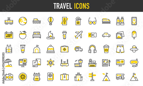 Travel vector icons. such as Picture, Double Bed, World, Online Booking, Compass, Car, First Aid Kit, Tram, Action Camera, Hotel, Sunglasses, Torch, Ticket, Ice Cream illustration.	
