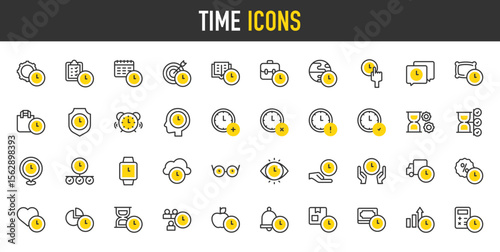 Time vector icons. such as Target, Eye, Heart , Alarm Clock, Check, Calendar, Hand, Arrows, Calculator, Case, Bell, People, Alarm Clock, Truck, Money, Pillow, Hourglass illustration.	
