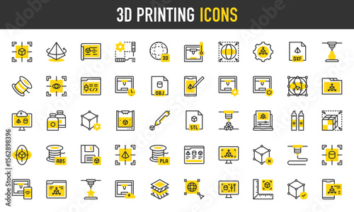 3d Printing vector icons. such as Stl, Resize, Measurement, Development, Filament, Abs, Failed, Obj, Prototype, Pla, Save, Select, Monitor, Setting, Blueprint, 3d, Browser illustration.