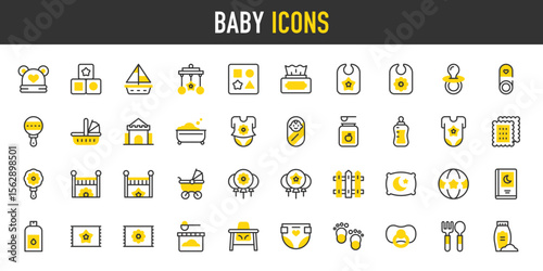 Baby vector icons. such as Diaper, Cubes, Pacifier, Shapes, Steps, Baby Powder, Baby Cutlery, Baby Food, Baby Pin, Rug, Baby Hat, Oil, Toy, Ball, Balloons, Baby Bath Tub illustration.	
