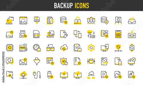 Backup vector icons. such as Cloud Sync, Data, Restore, Database, Folder, File Transfer, External Storage, Plug In, Video, Data Exchange, Sim, Database, Tape, Data, Email illustration.	
