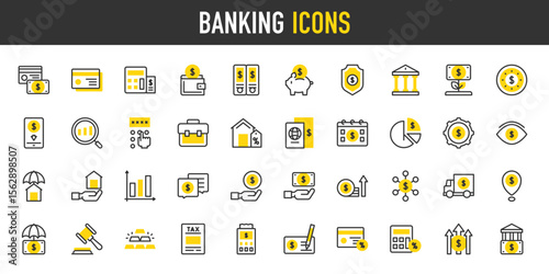 Banking vector icons. such as Settings, Bar Graph, Money Growth, Calculator, Pin Code, House, Auction, Chat Box, Magnifying Glass, Calculator, Suitcase, Pie Chart, Piggy illustration.	
