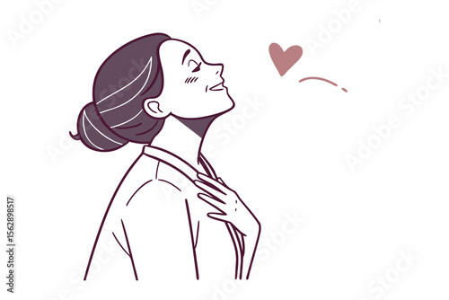 Love and Gratitude: An illustration captures a woman's serene expression as she feels the warmth of affection and contentment, symbolizing inner peace.