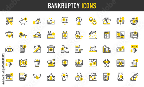 Bankruptcy vector icons. such as Cut Card, Financial Crime, Seizure, Shop, Broken Bank, Unaffordable House, Money Waste, Sink, Calculator, House For Sale, Bankruptcy illustration.	
