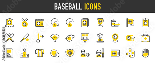 Baseball vector icons. such as Calendar, Award, Cards, Shield, Medical Kit, Newspaper, Podium, Uniform, Timer, Pitcher, Batter, Tickets, Socks, Glove, Helmet, Drink, Flag illustration.	

