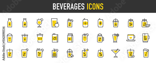 Beverages vector stroke icons. such as Energy Drink, Bottle Of Water, Cup, Boba Tea, Green, Blueberry, Cappuccino, Cuba Libre, Bloody Mary, Lemonade, Strawberry, Martini, Ice Tea illustration.	