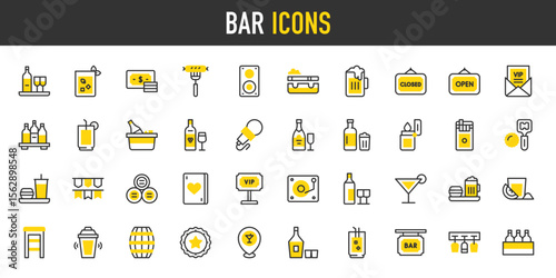 Bar vector stroke icons. such as Money, Barrels, Wine, Pizza, Bottles, Cocktail Shaker, Tequila, Burger, Stool, Ashtray, Card, Champagne, Cigarettes, Closed, Cocktail, Bar, Garlands illustration.	
