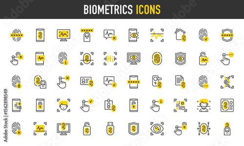 Biometrics vector icons. such as Information , Facial Recognition, Voice Recognition, Access, Eye Scan, Finger Scanner, Identification, Password, Bar code Scan, Facial illustration.	
