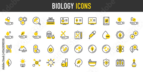 Biology vector icons. such as Microbe, Pills, Biology, Apple, Dna, Drop, Leaf, Clipboard, Virus, Computer, Search, Biologist, Plant, Computer, Atom, Molecule, Mortar, Pill illustration.	