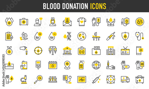 Blood donation vector icons. such as Bandage, First Aid Box, Placeholder, Cardiac, Blood Cells, Weighing Scale, Shield, Blood Type, Test Tube, Microscope, Dna, Milk illustration.	
