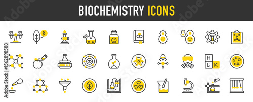 Biochemistry vector icons. such as Filter, Molecular Structure, Molecule, Settings, Microscope, Orbital, Shaker, Distilling, Flask, Gas Mask, Beaker, Chemical Reaction illustration.	
