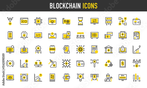 Blockchain vector icons. such as Prediction, Code, Secure, Exchange, Anonymous, Conversion, Analysis, Access, Distributed, Ico, Revenue, Consensus, Cryptocurrency illustration Stroke icon.