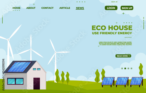 Modern eco house and windmill, solar energy panels. Smart home and save energy sustainable concept. Web banner, landing page. Vector Illustration