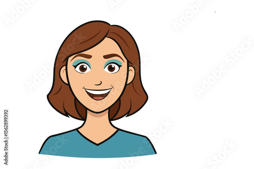 Smiling Young Woman: A friendly and approachable cartoon depiction of a young woman, radiating warmth and positivity with a radiant smile.