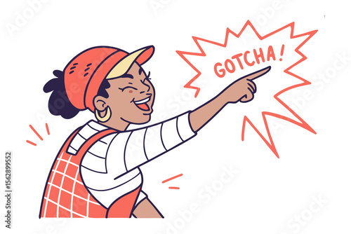 Illustration of a Laughing Woman Pointing "Gotcha!" : Vibrant vector illustration of a joyful woman, with a big smile and pointing, creating a visual pop to a bright mood. 