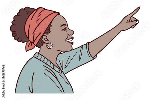 Woman Pointing: A joyful Black woman with a red headscarf points enthusiastically, radiating positivity and guidance.