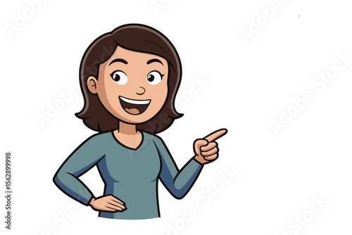 Cheerful Woman Pointing: A cartoon illustration of a happy woman with shoulder-length brown hair, pointing with a cheerful expression. She's wearing a teal long-sleeve shirt.  
