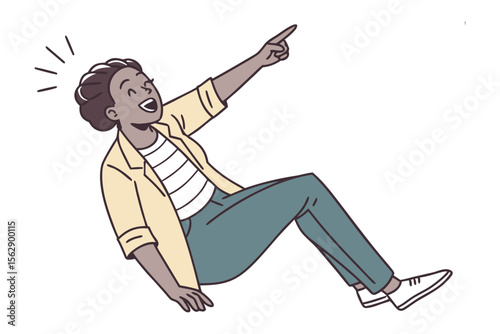 Enthusiastic Discovery: An illustrated woman, joyful and expressive, points upward in a gesture of discovery, happiness and wonder, her posture radiating energy and excitement.