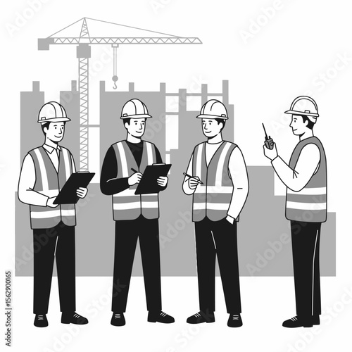 Construction workers in hard hats and safety vests discuss project plans at a building site with a crane in the background.