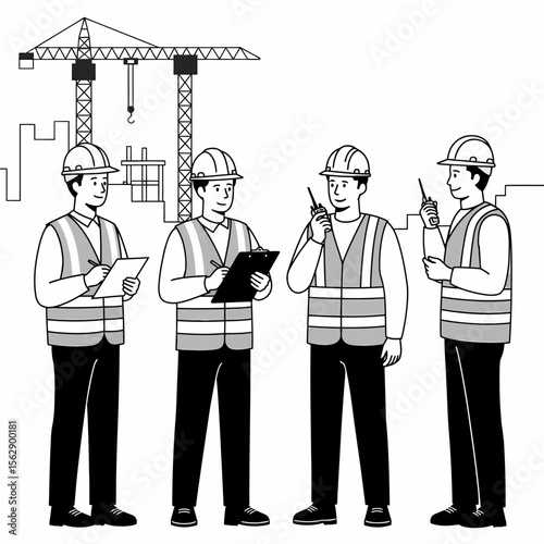 Four construction workers in safety vests and hard hats stand in front of cranes and a building under construction.