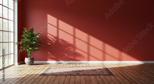 温かい日差しが差し込む赤色の壁と植物のある部屋 穏やかな空間