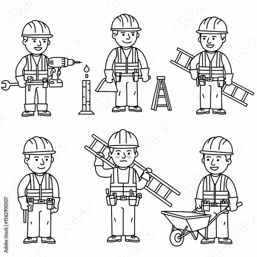 Cartoon illustrations of construction workers in various poses with tools.
