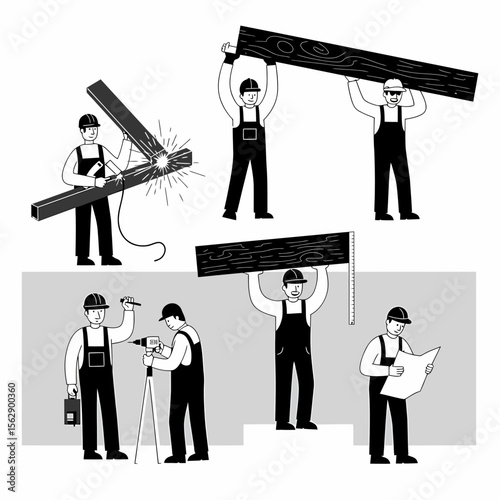 Construction workers in various poses, including welding, carrying wood, drilling, and reading a plan.