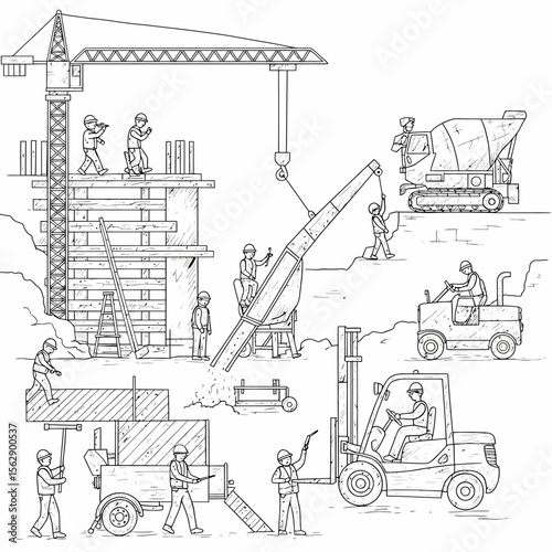 Construction site illustration depicting workers building a structure using cranes, cement mixers, and other heavy machinery.