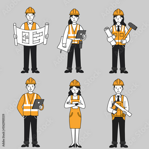 Six construction workers, both men and women, in safety vests and helmets, holding tools and plans.