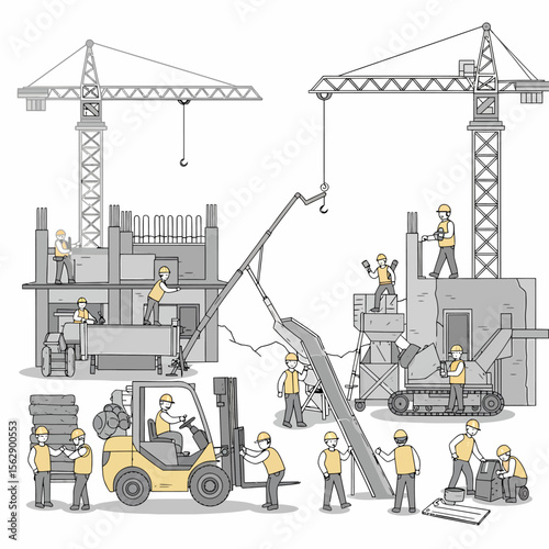 Construction site illustration featuring workers and heavy machinery.