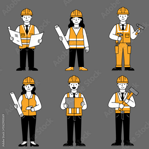 Six construction professionals, diverse team, wearing hard hats and safety vests, holding blueprints, tools, and plans.