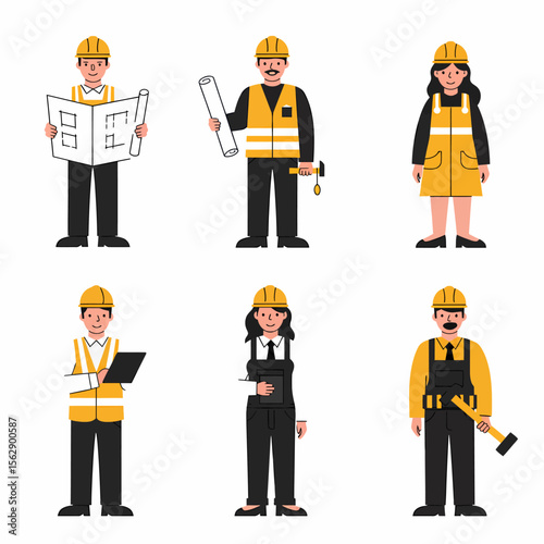 Six diverse construction workers, male and female, in yellow hard hats and work attire, holding blueprints, tools, and tablets.