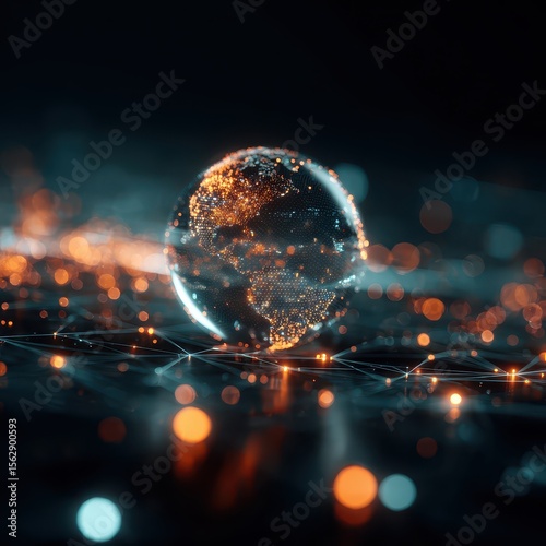 A glowing digital Earth rests on a network of illuminated lines and bokeh, suggesting global connectivity and data flow