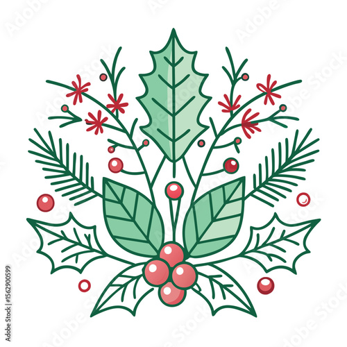 continuous line drawing of christmas holly leaves