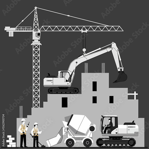Construction site illustration showing a crane, excavator, and workers building a structure.