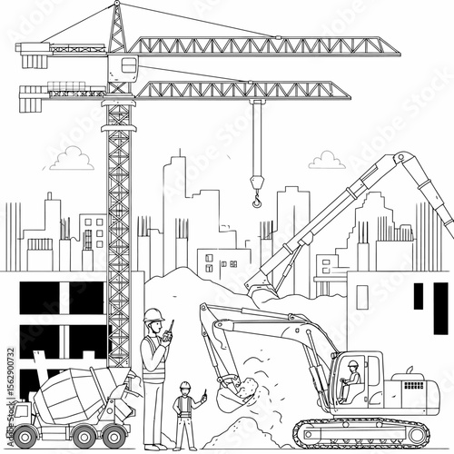 Construction site scene depicting workers, machinery, and building structures in progress.