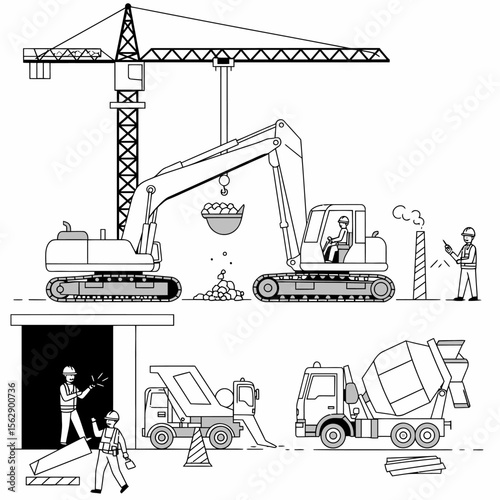 Construction site illustration showing excavator, crane, cement mixer, and workers engaged in building activities.