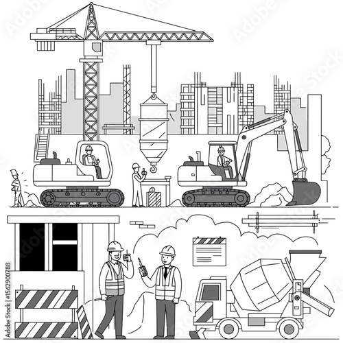 Construction site illustration with workers, crane, excavator, concrete mixer, and building under construction.