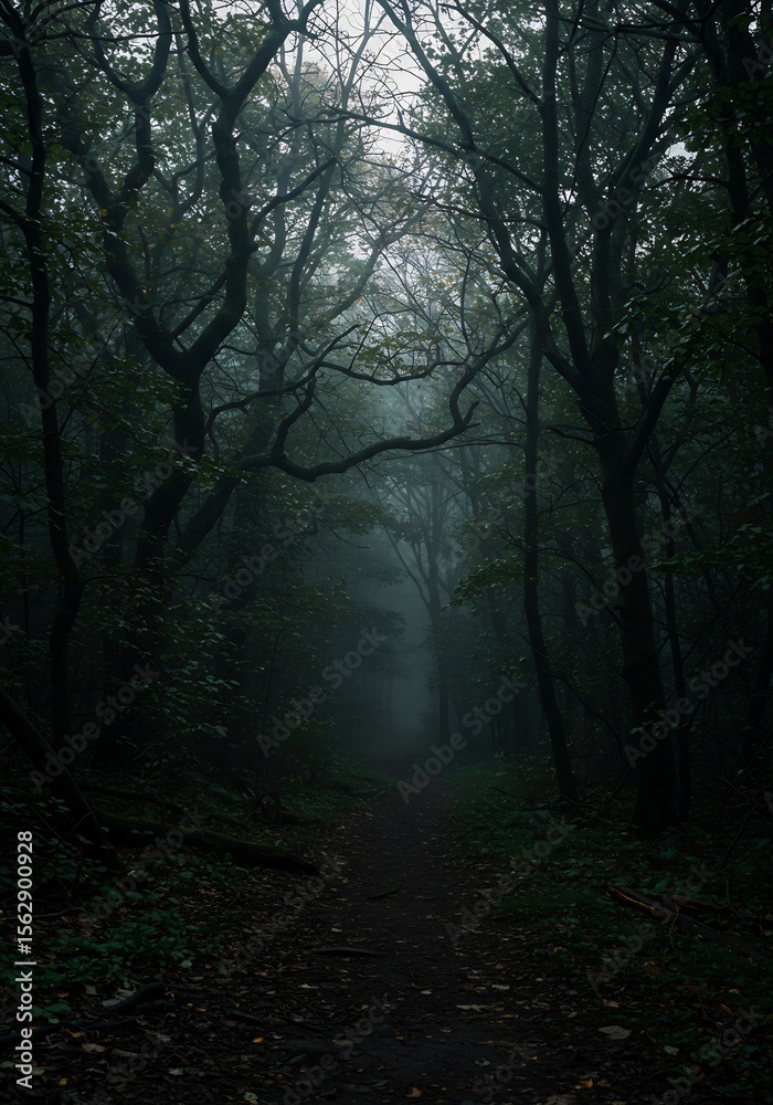 Obraz premium 霧深く静寂な森の道 神秘的影絵