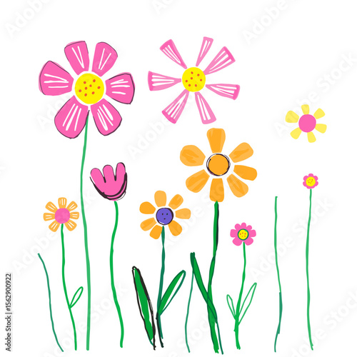  Kids’ Hand-Drawn Flower Illustration | Cute Crayon-Style Clipart