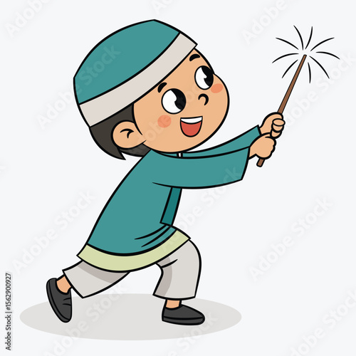 Cute illustration of Muslim boy playing firecracker cartoon vector