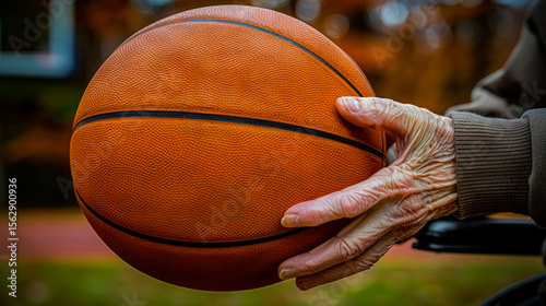 Close-up of a senior person's hand holding a basketball, representing sports, aging, and active lifestyle in old age.