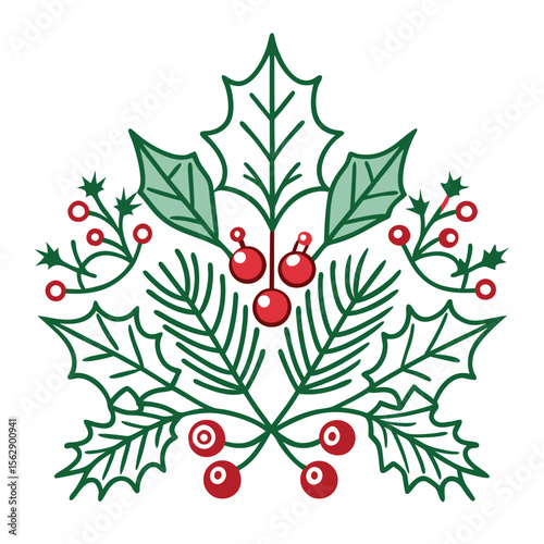 continuous line drawing of christmas holly leaves