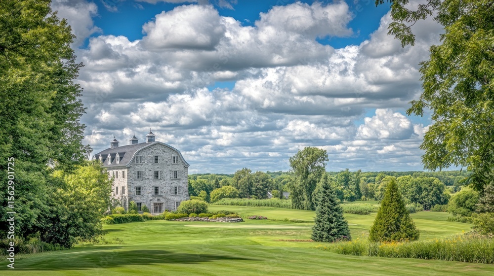 Naklejka premium Stone barn on a golf course with lush green landscape under a cloudy sky.
