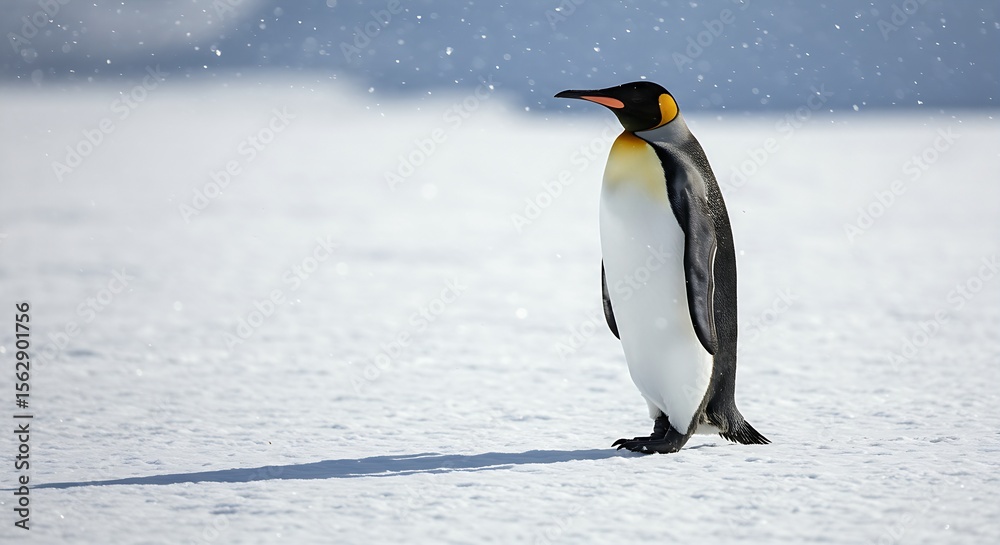 Obraz premium A single emperor penguin, aptenodytes forsteri, standing tall on a vast snow and ice expanse, looking into the distance