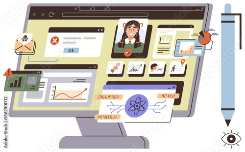 Computer screen with multiple tabs, charts, warning icons, and malicious threats. Ideal for technology, cybersecurity, data analysis, online education, remote work internet safety simple flat