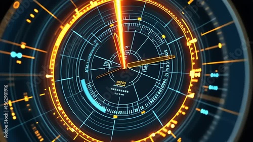 Futuristic digital clock displaying intricate designs and glowing elements in a dark environment