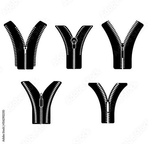 set of zipper closure, black isolated silhouette