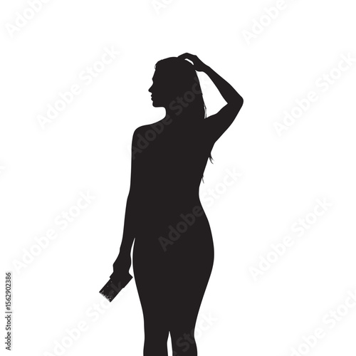 Black Silhouette Vector of Person Brushing Hair in Daily Grooming Routine on White Background Full HD